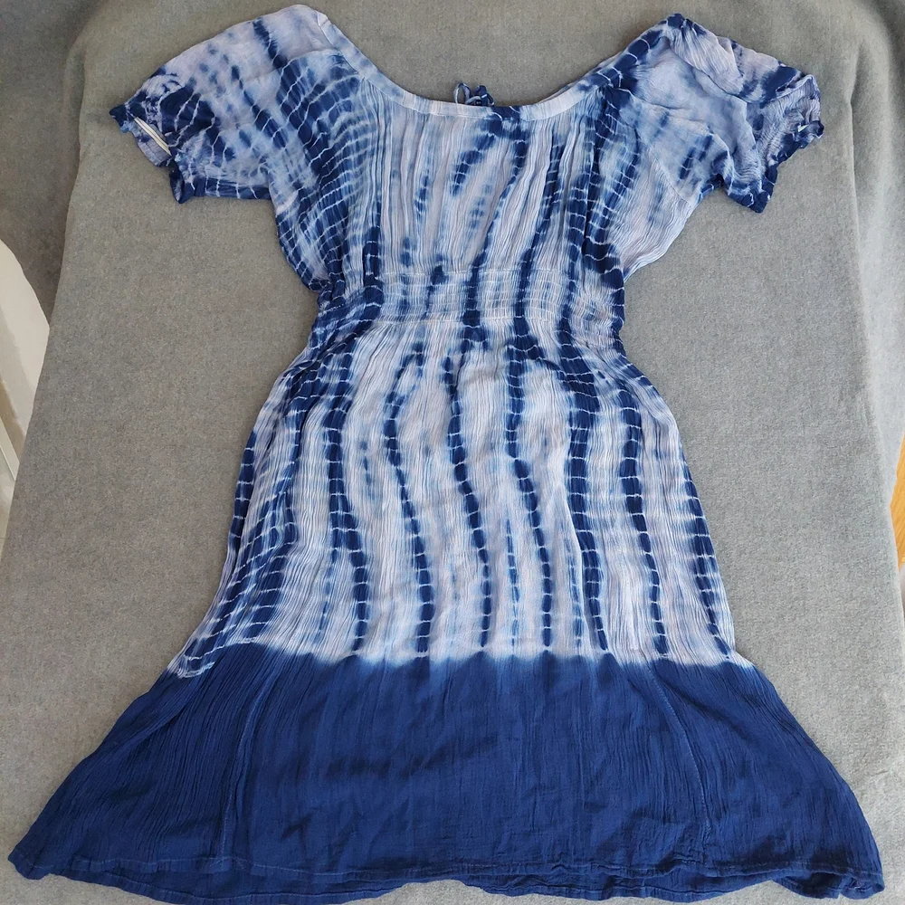 Raya Sun Boho Tie Dye Embroidered Smocked Mini Dress XL Blue White Cotton